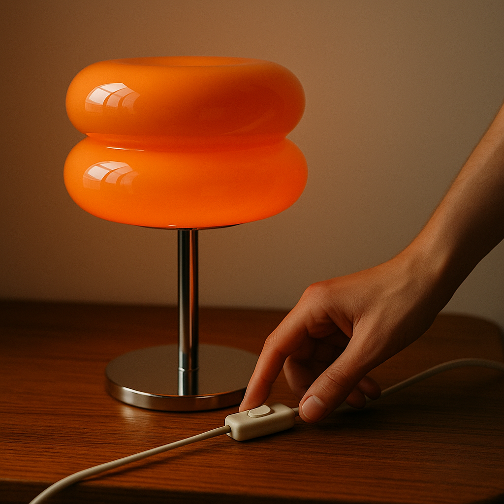 Hand at the inline switch of the Sol lamp