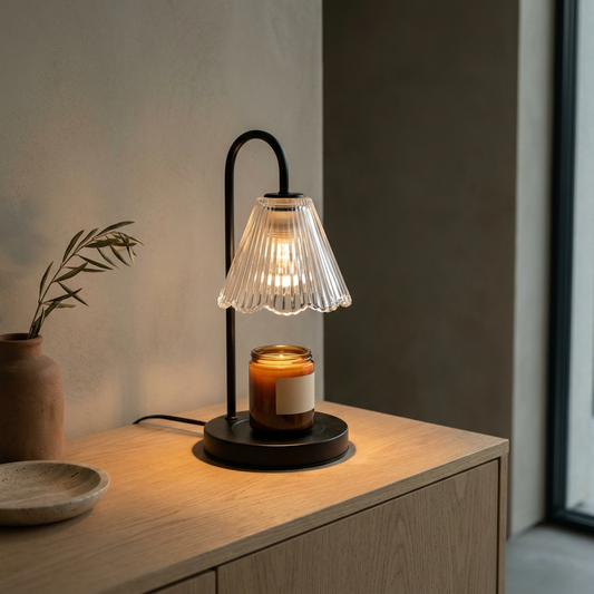 Taper™ Candle Warmer Lamp on an oak sideboard at dusk