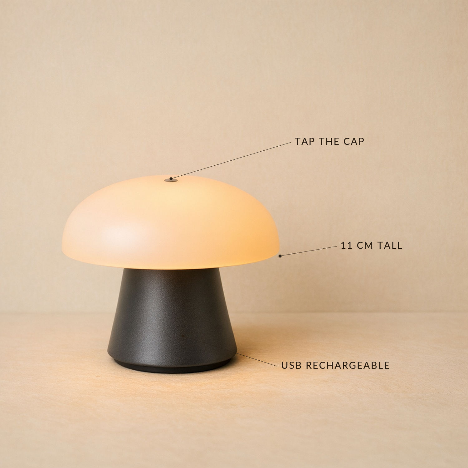 Truffle Cordless Lamp detail callouts: tap the cap, 11 cm tall, USB rechargeable