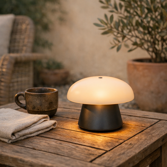 Truffle Cordless Lamp lit on a weathered teak terrace table at dusk beside a stoneware cup