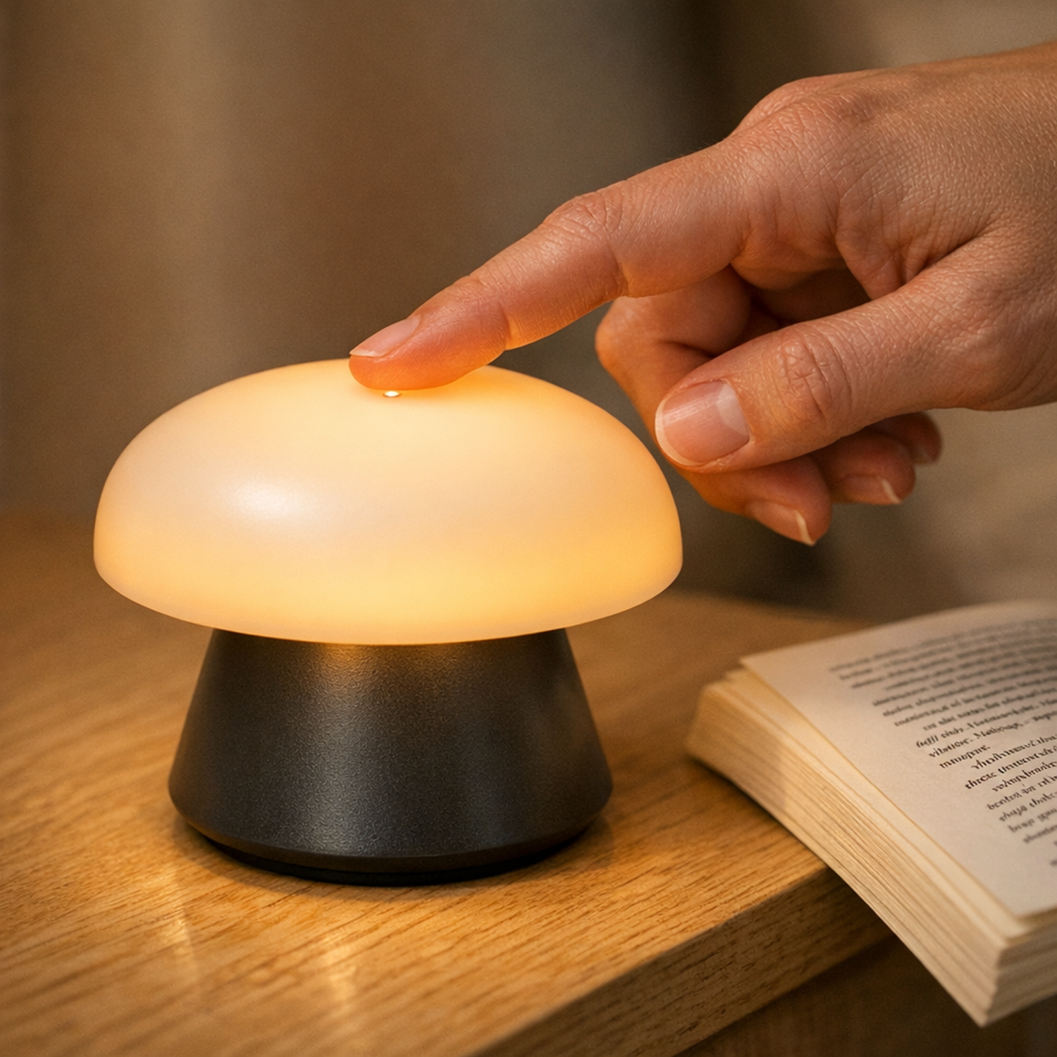 A fingertip touching the top of the Truffle lamp cap to switch it on beside an open book