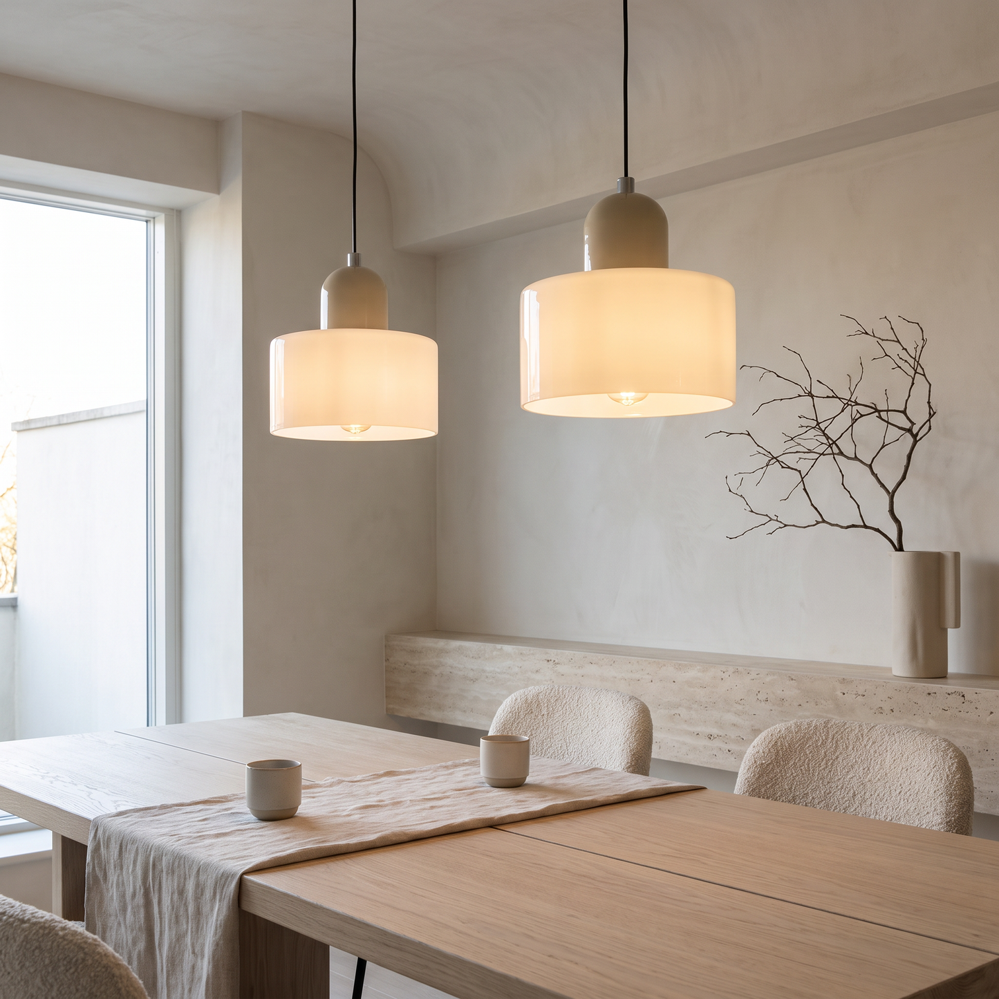 Two Tumbler pendants hung over a pale oak dining table