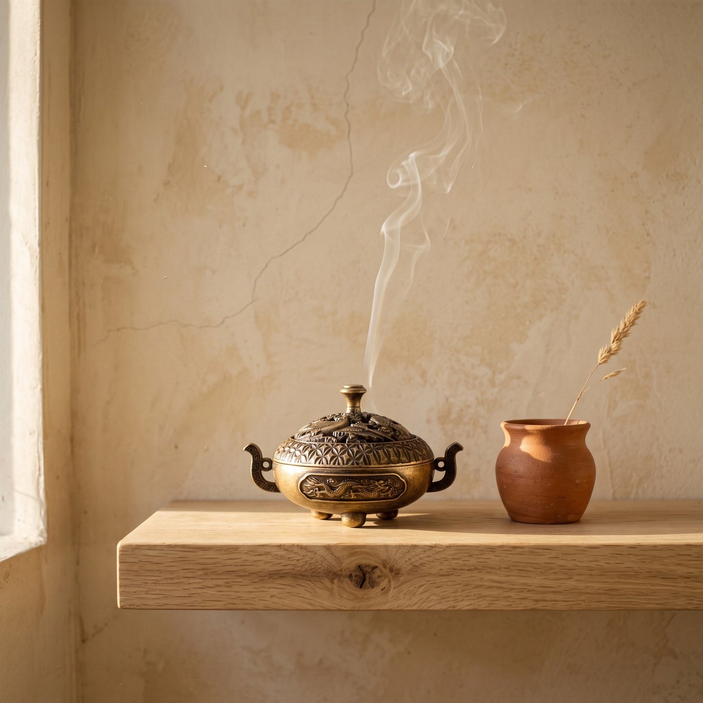 Waft™ Brass Censer burning on an oak shelf against a warm plaster wall