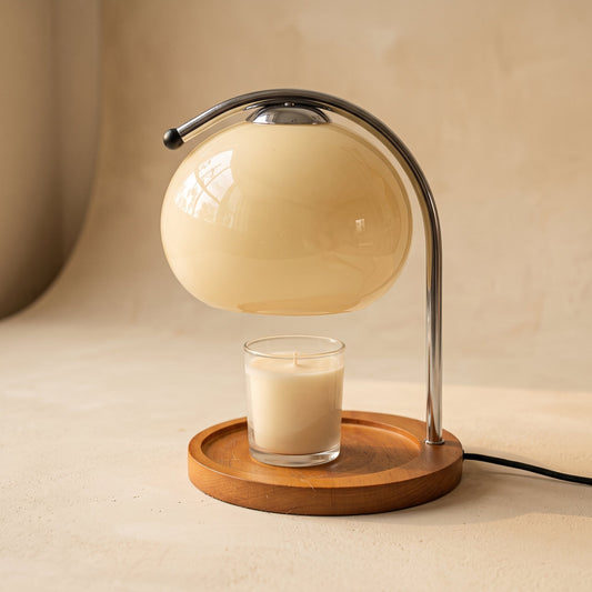 Wick™ Candle Warmer Lamp in Ivory — opaline glass globe on a chrome arm over a solid wood base tray
