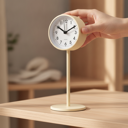 Hand lifting the cream Perch™ clock by its head on an oak shelf
