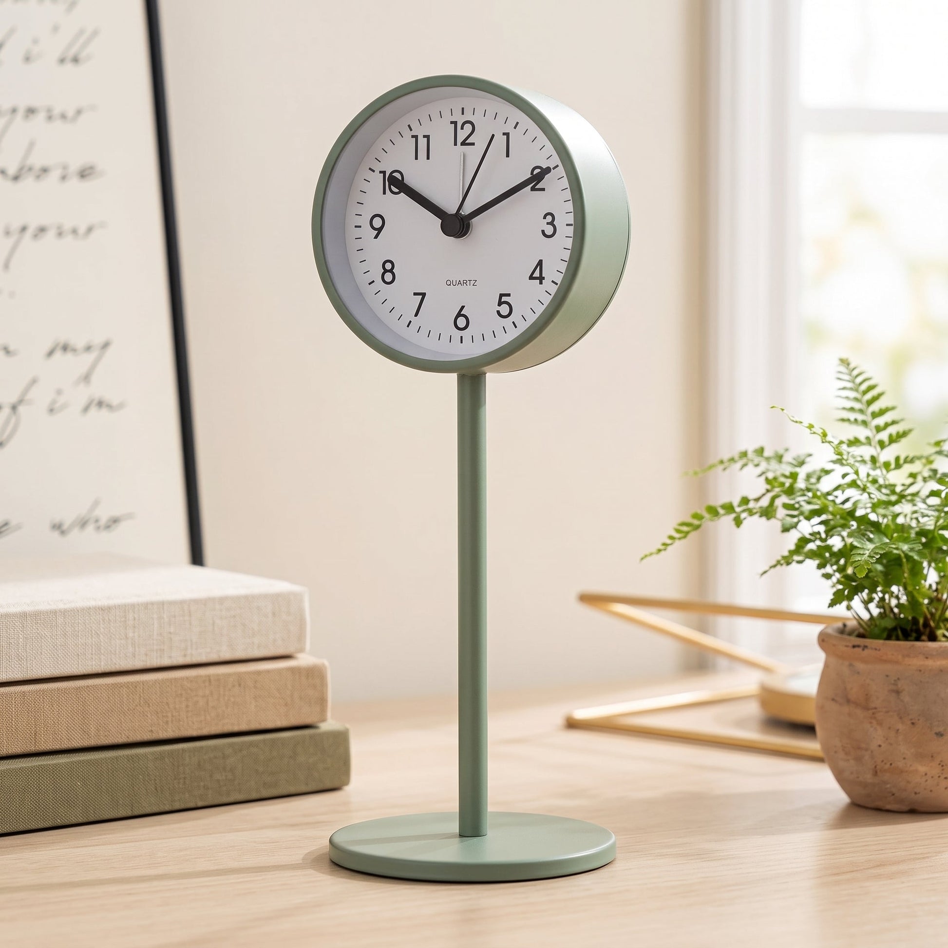 Sage Perch™ clock on a pale oak desk beside books and a fern