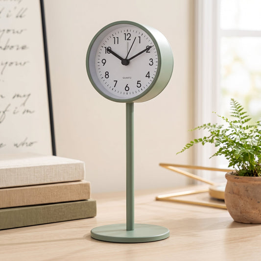 Sage Perch™ clock on a pale oak desk beside books and a fern