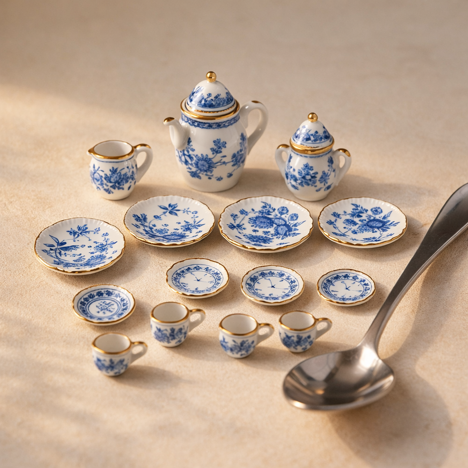 Petit porcelain tea set - all 15 miniature pieces on warm cream plaster beside a full-size teaspoon for scale