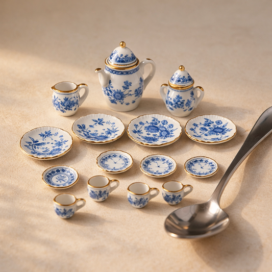Petit porcelain tea set - all 15 miniature pieces on warm cream plaster beside a full-size teaspoon for scale