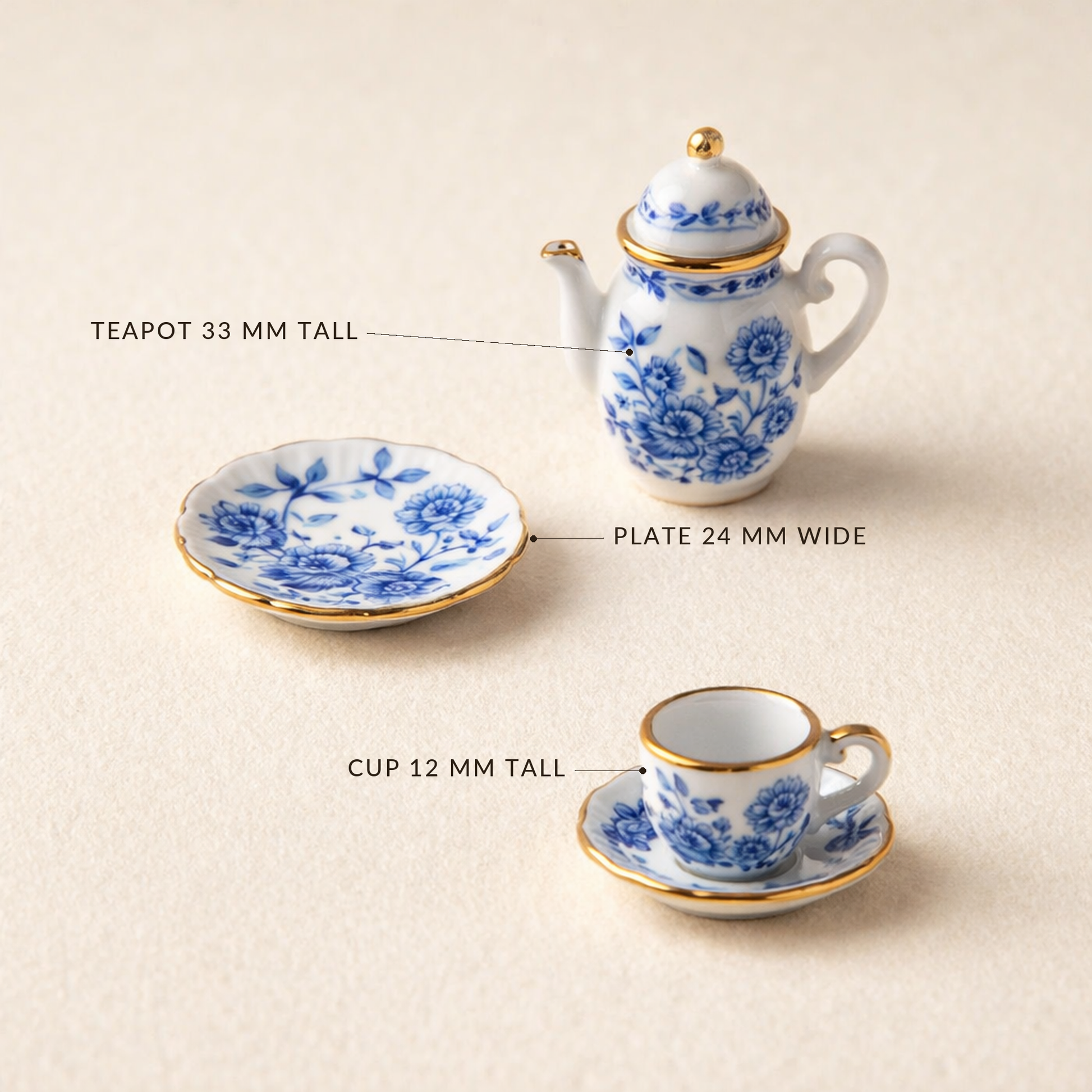 Dimension callouts: teapot 33 mm tall, plate 24 mm wide, cup 12 mm tall