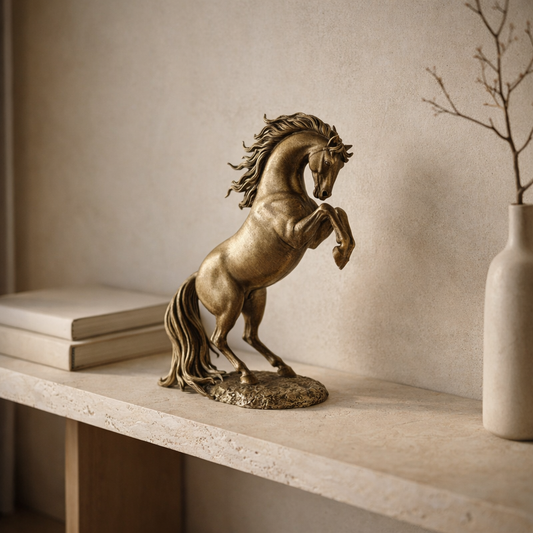 Rearing horse statue on a travertine console beside art books and a slim ceramic vase