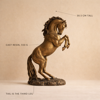Horse statue labelled 30.5 cm tall, cast resin 550 g, tail is the third leg
