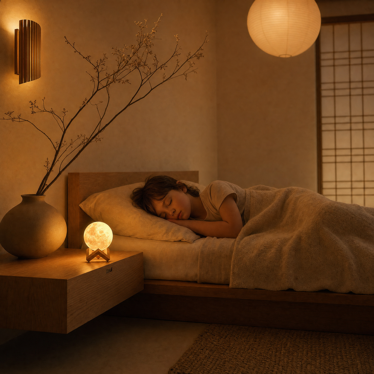 Child asleep beside the soft glow of the Luna moon night light