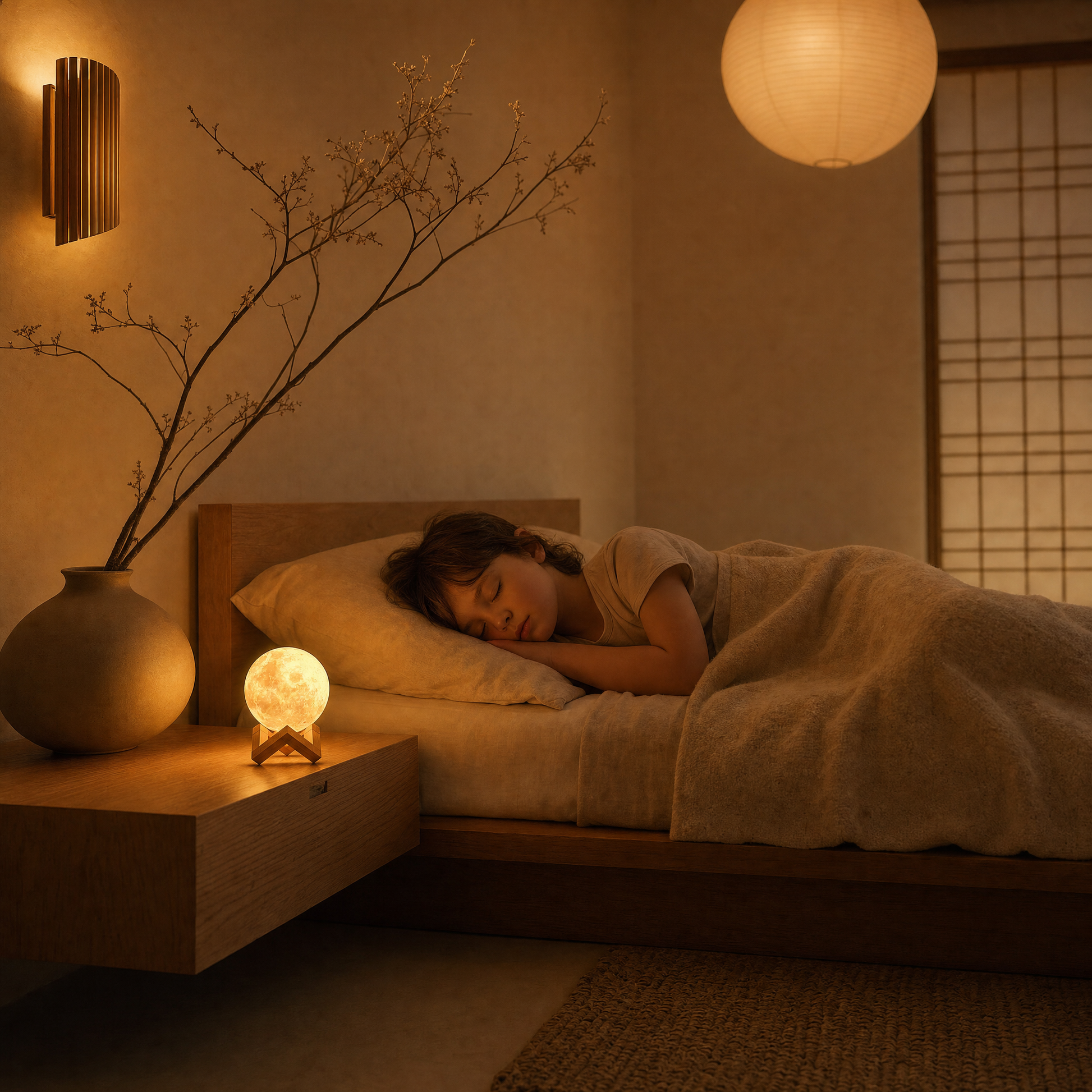 Child asleep beside the soft glow of the Luna moon night light