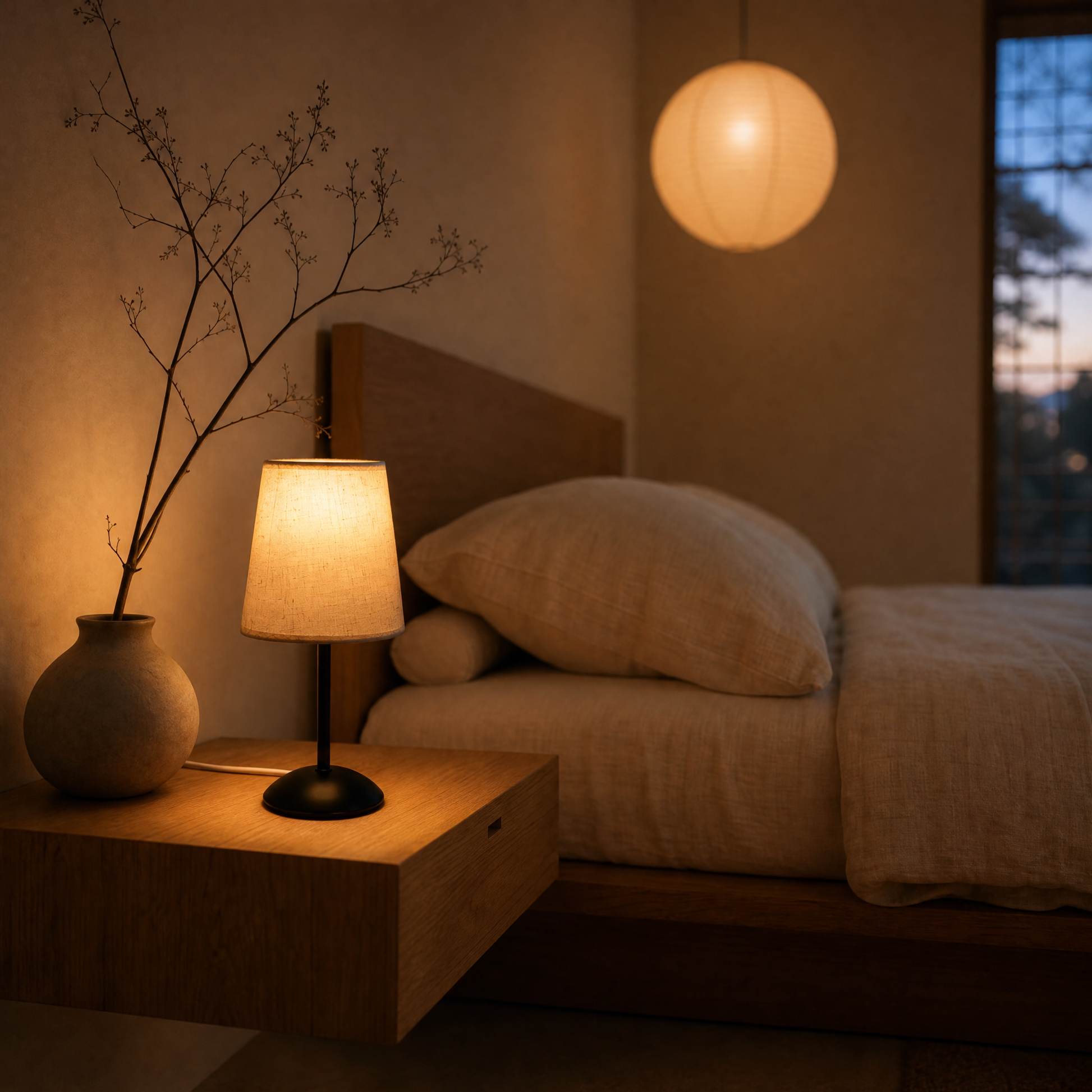 Wisp lamp glowing on oak floating nightstand at dusk