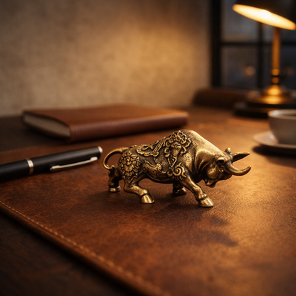 Small brass bull on a cognac leather desk pad beside a fountain pen on a walnut desk at dusk
