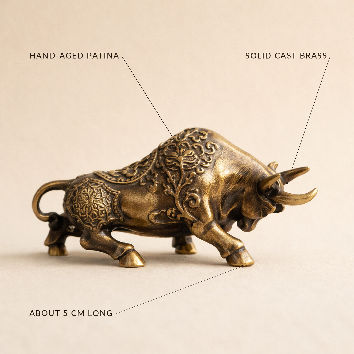 Labelled detail view: solid cast brass, antiqued patina, about 5 cm long