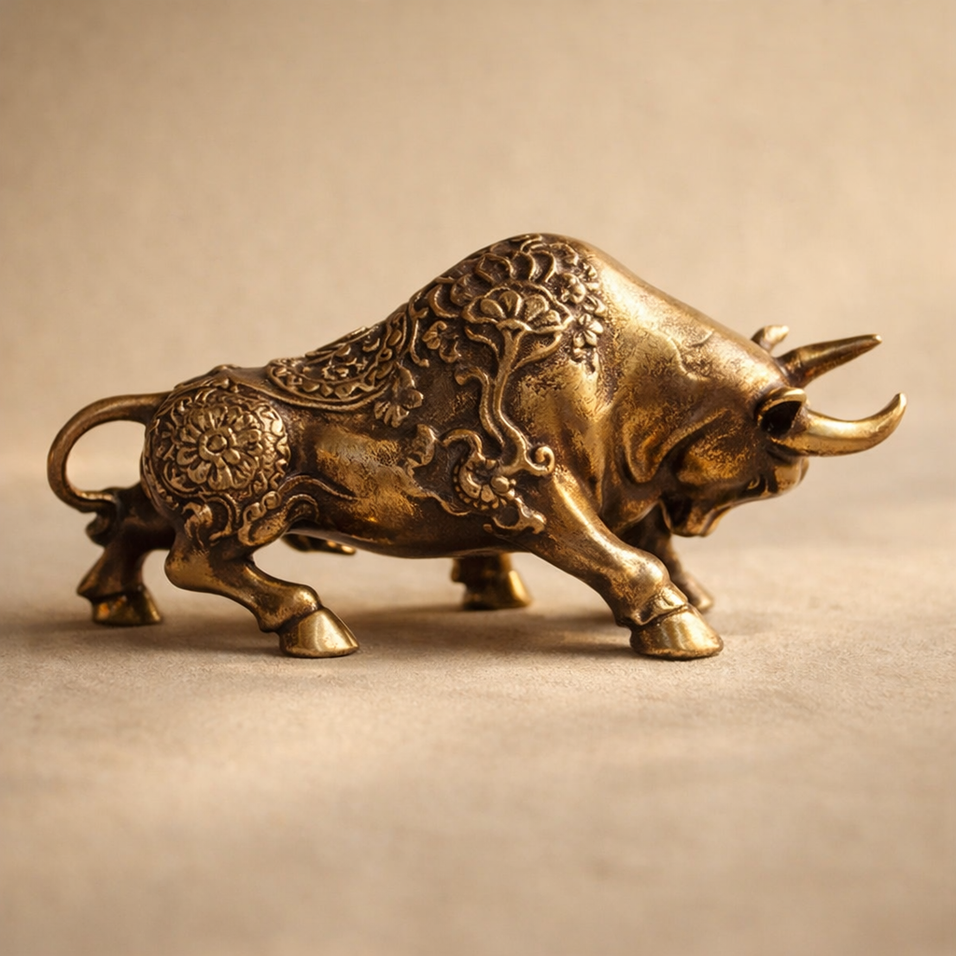 Rally brass bull figurine, solid cast brass charging bull on warm cream plaster