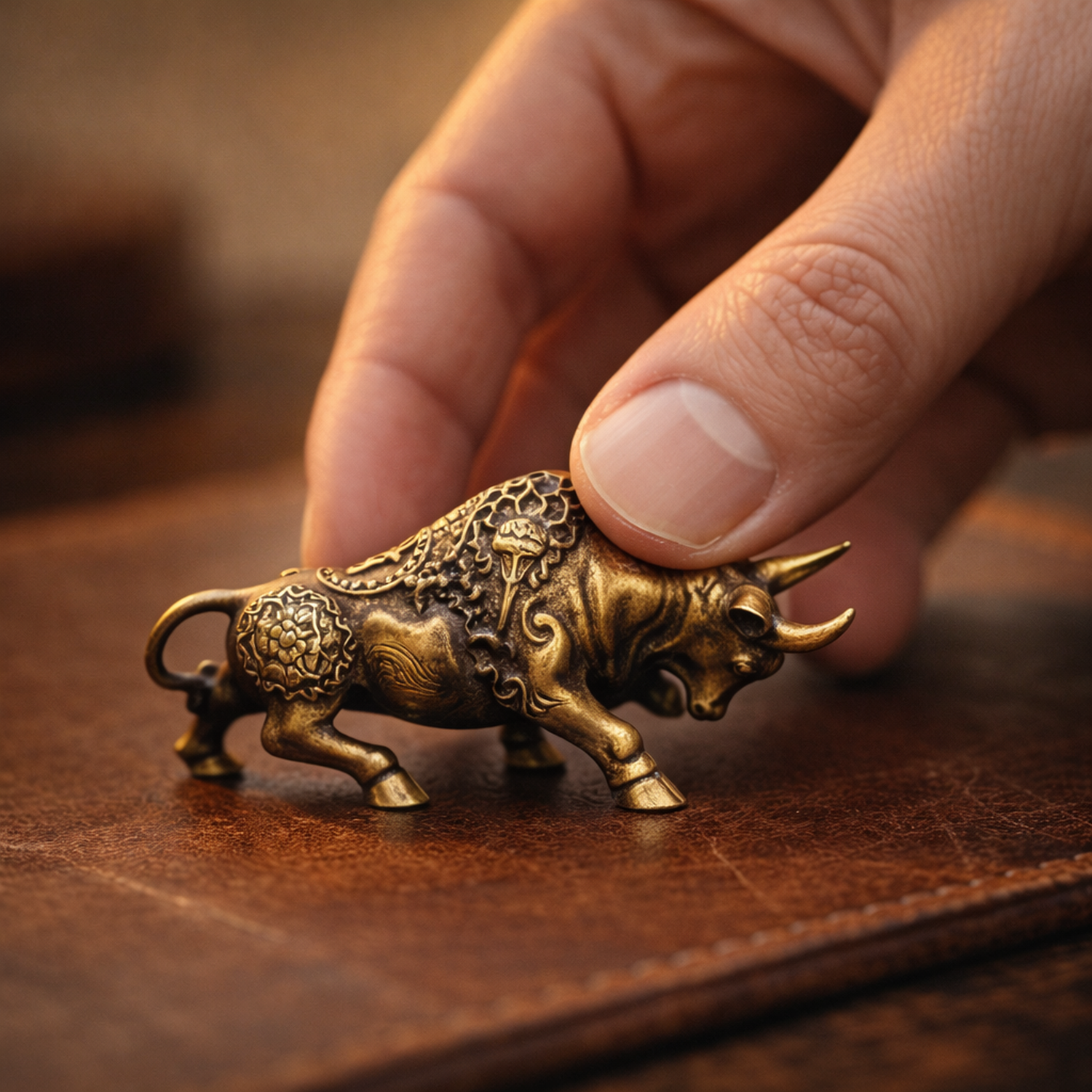 Fingers setting the 5 cm brass bull down on a leather desk pad, showing its true palm scale