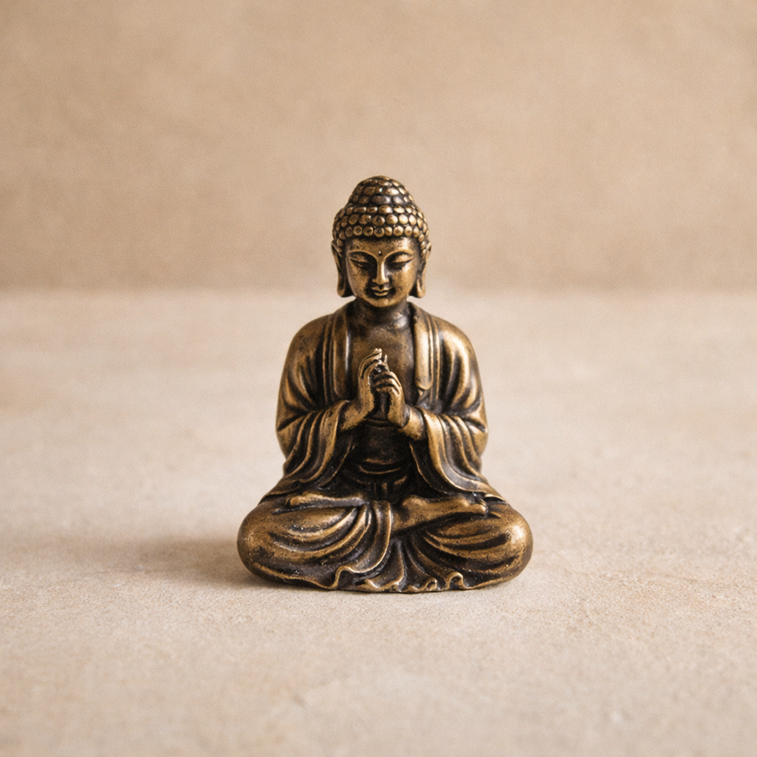 Repose antiqued cast brass seated Buddha figure on warm cream plaster