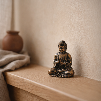 Small brass Buddha on the edge of an oak shelf beside a clay vessel and folded linen