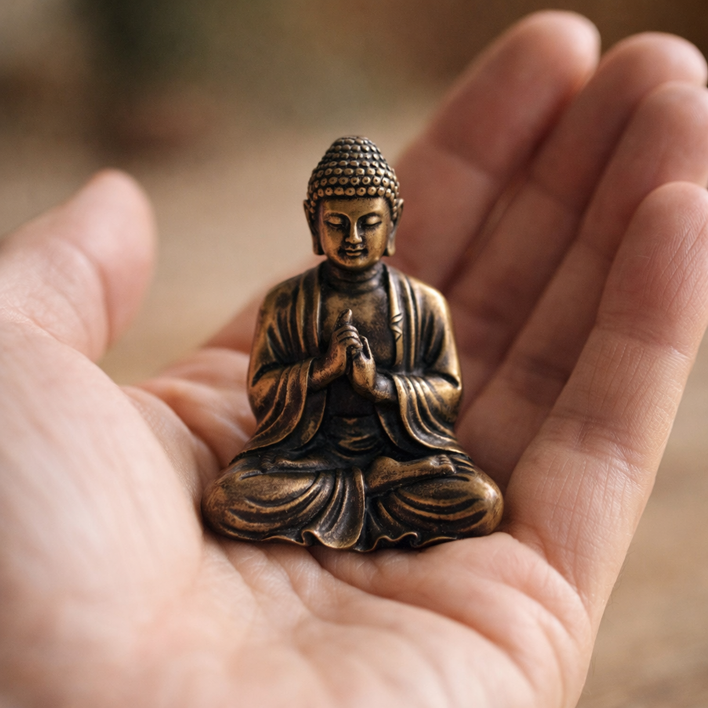 Brass Buddha resting in an open palm, showing its 3 cm height