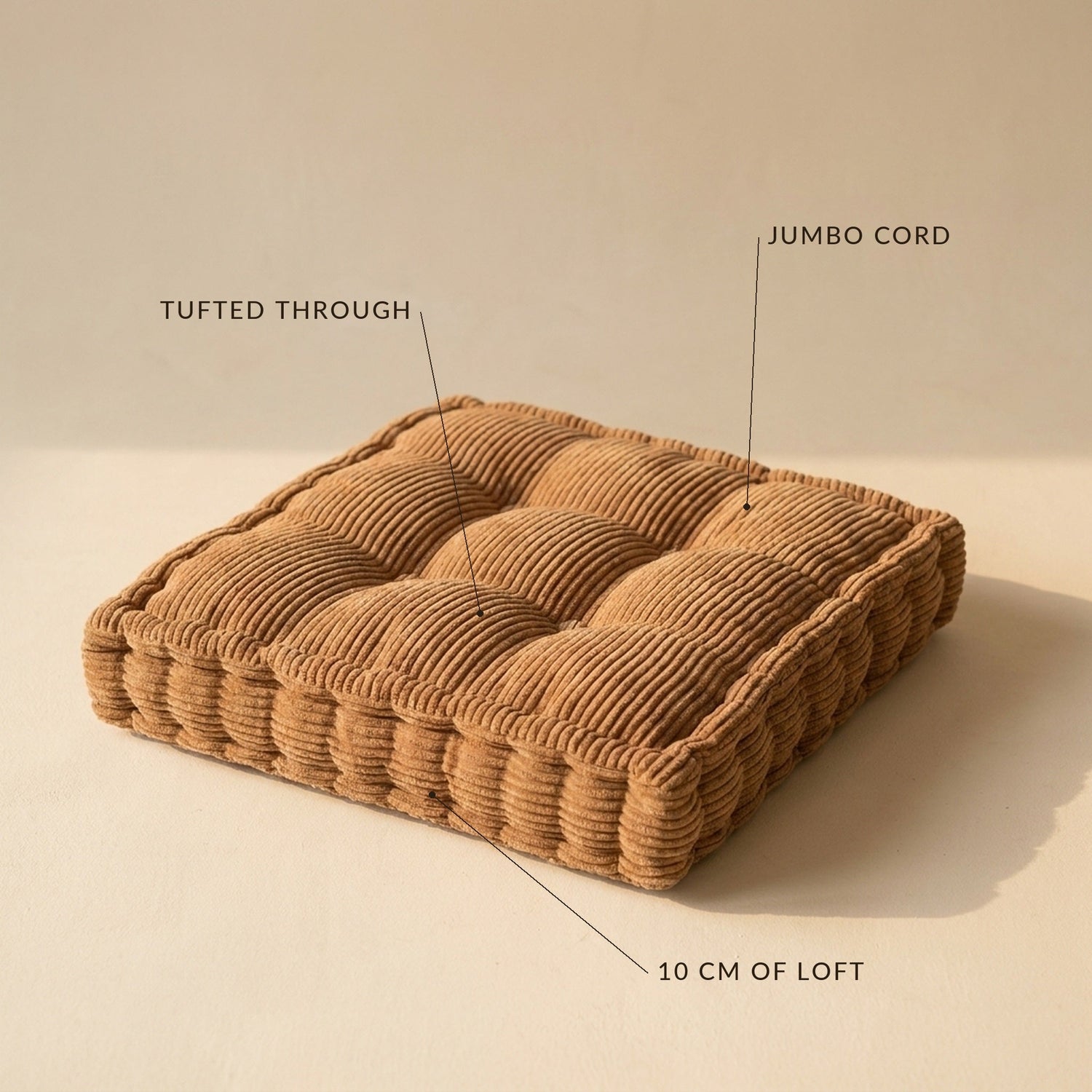 Detail callout showing the jumbo cord, tufted-through panels and 10 cm boxed loft