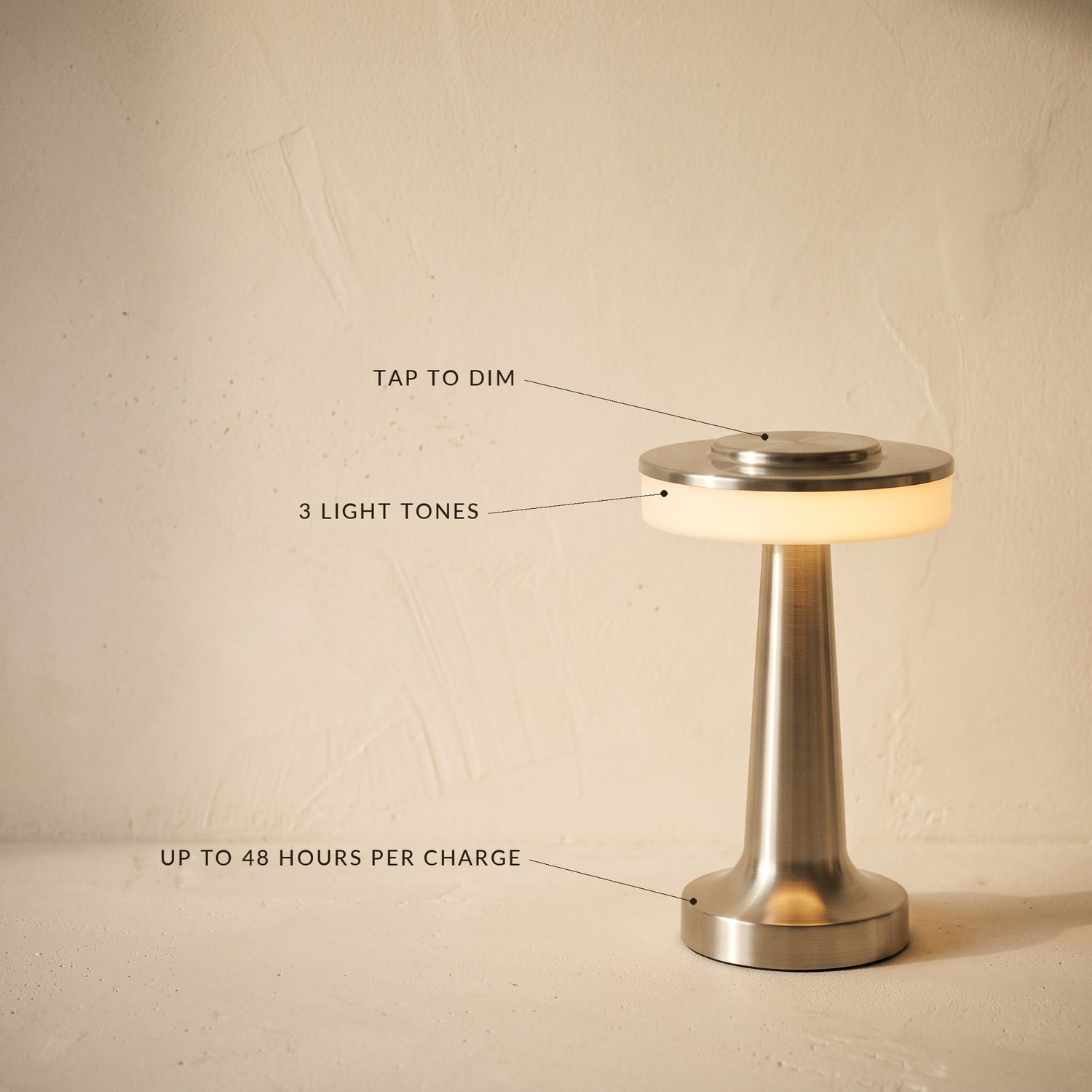 Stem lamp with labels: tap to dim, three light tones, up to 48 hours per charge