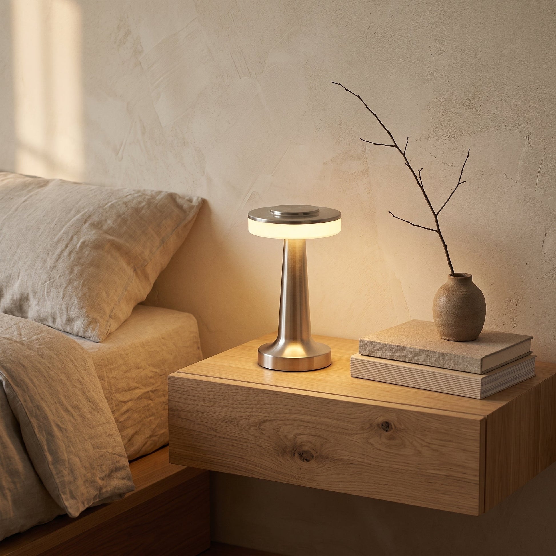 Stem lamp glowing on an oak bedside shelf beside linen bedding