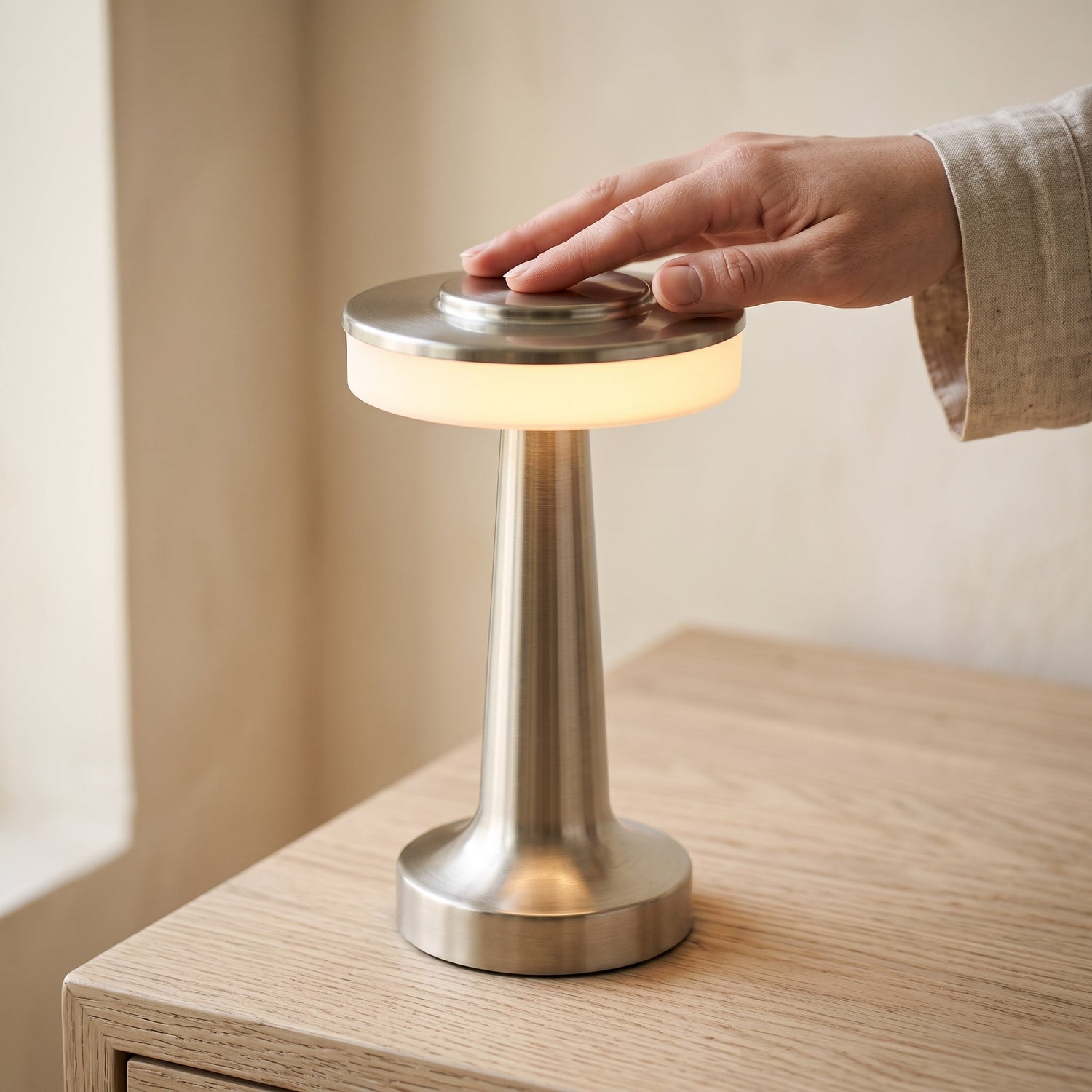 A hand tapping the disc top of the Stem lamp to dim it