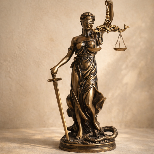Themis antiqued bronze Lady Justice statue with blindfold, sword and balance on warm cream plaster