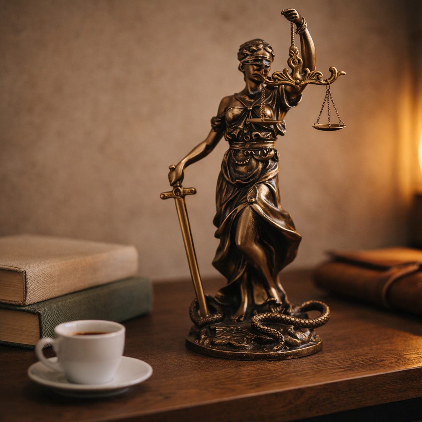 Bronze Justice statue on a walnut desk beside stacked books and an espresso cup at dusk