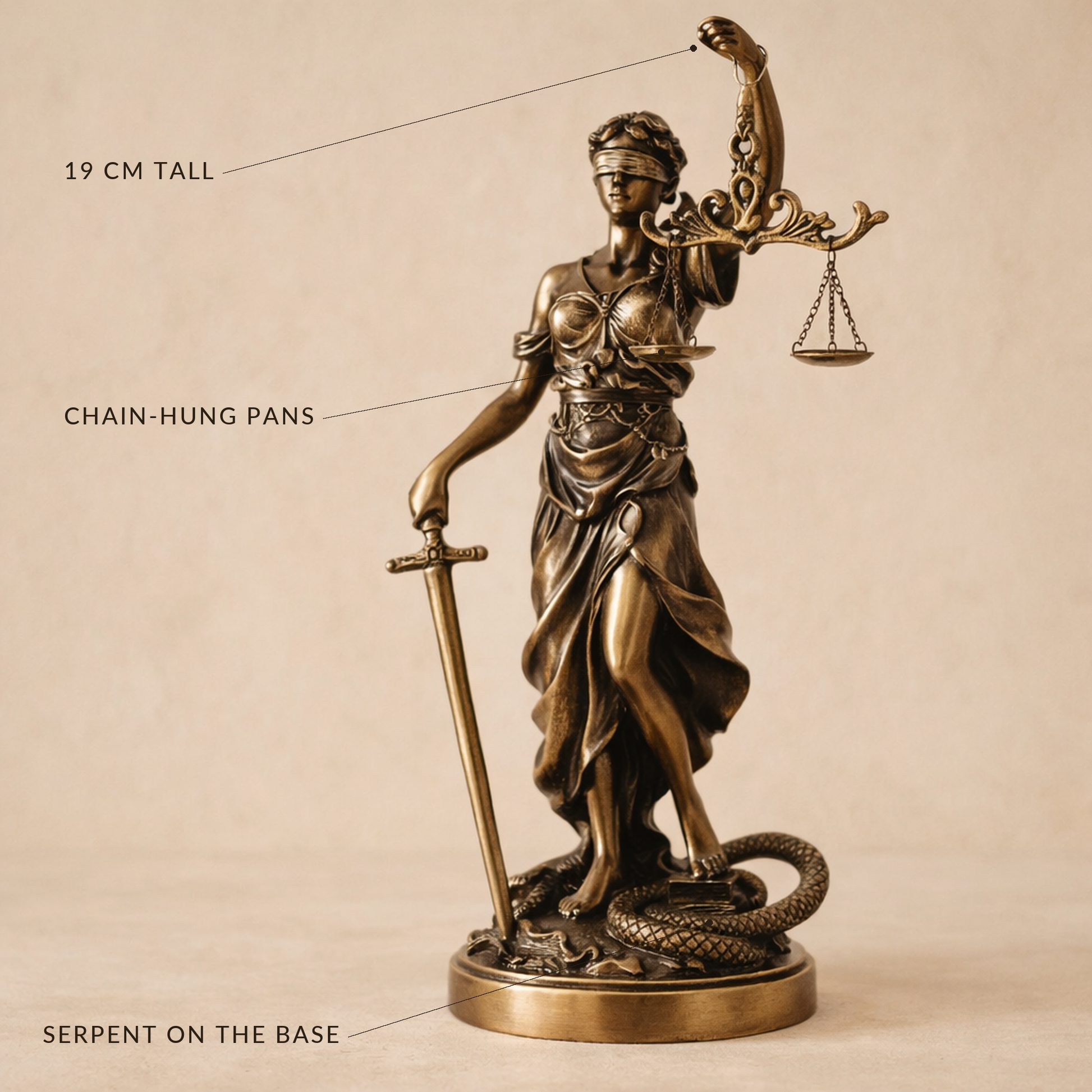 Justice statue labelled 19 cm tall, chain-hung pans, serpent on the base