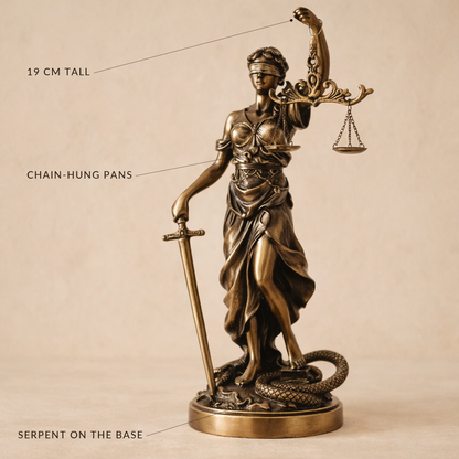 Justice statue labelled 19 cm tall, chain-hung pans, serpent on the base
