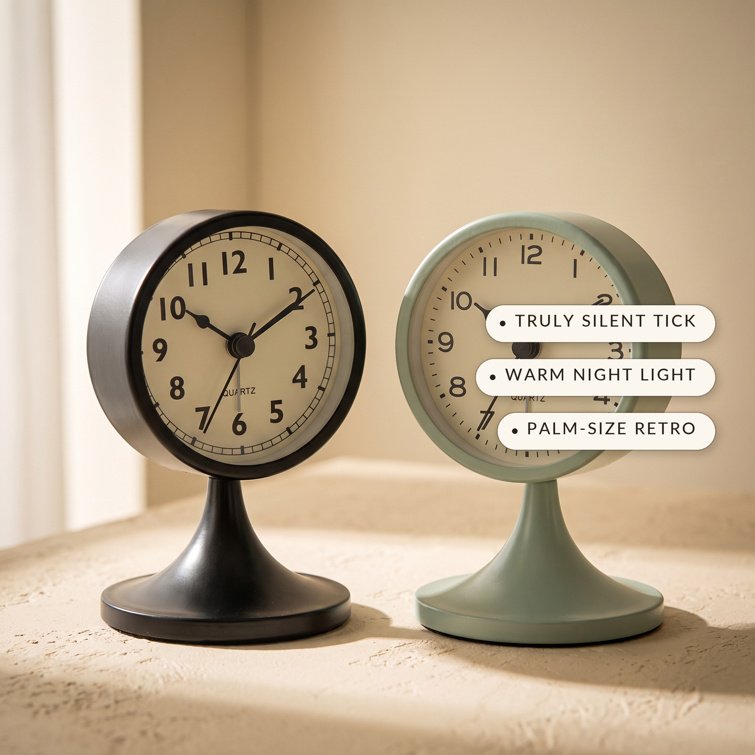 Tock™ benefits: truly silent tick, warm night light, palm-size retro