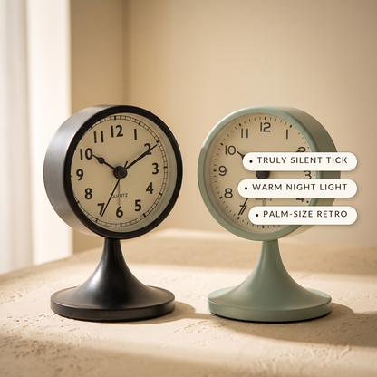 Tock™ benefits: truly silent tick, warm night light, palm-size retro