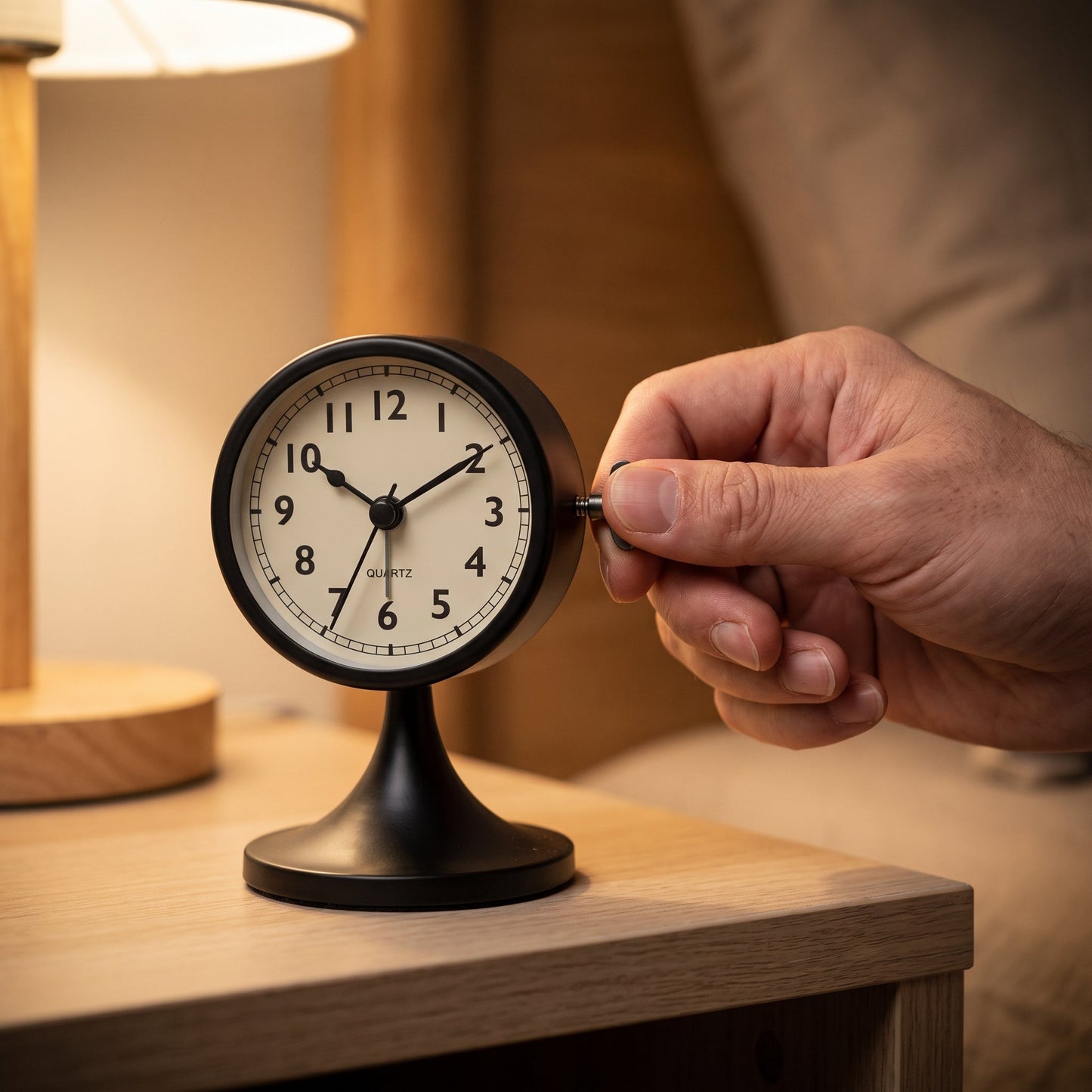 Hand winding the alarm knob on the charcoal Tock™ clock