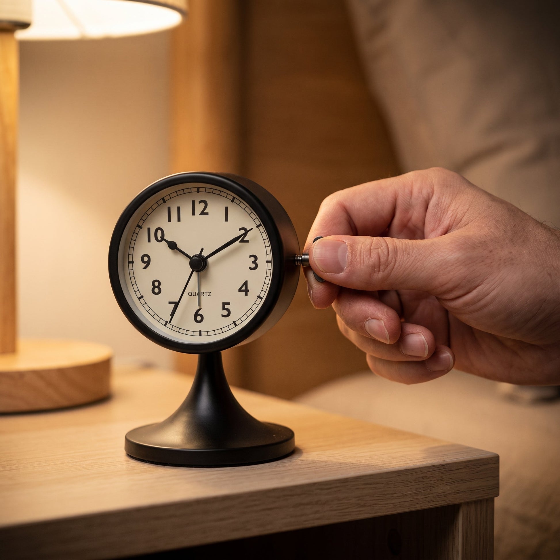 Hand winding the alarm knob on the charcoal Tock™ clock
