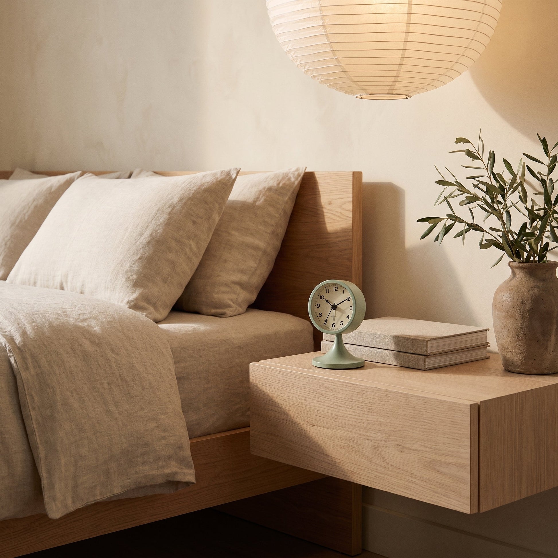 Sage Tock™ clock on a floating oak nightstand in a Japandi bedroom