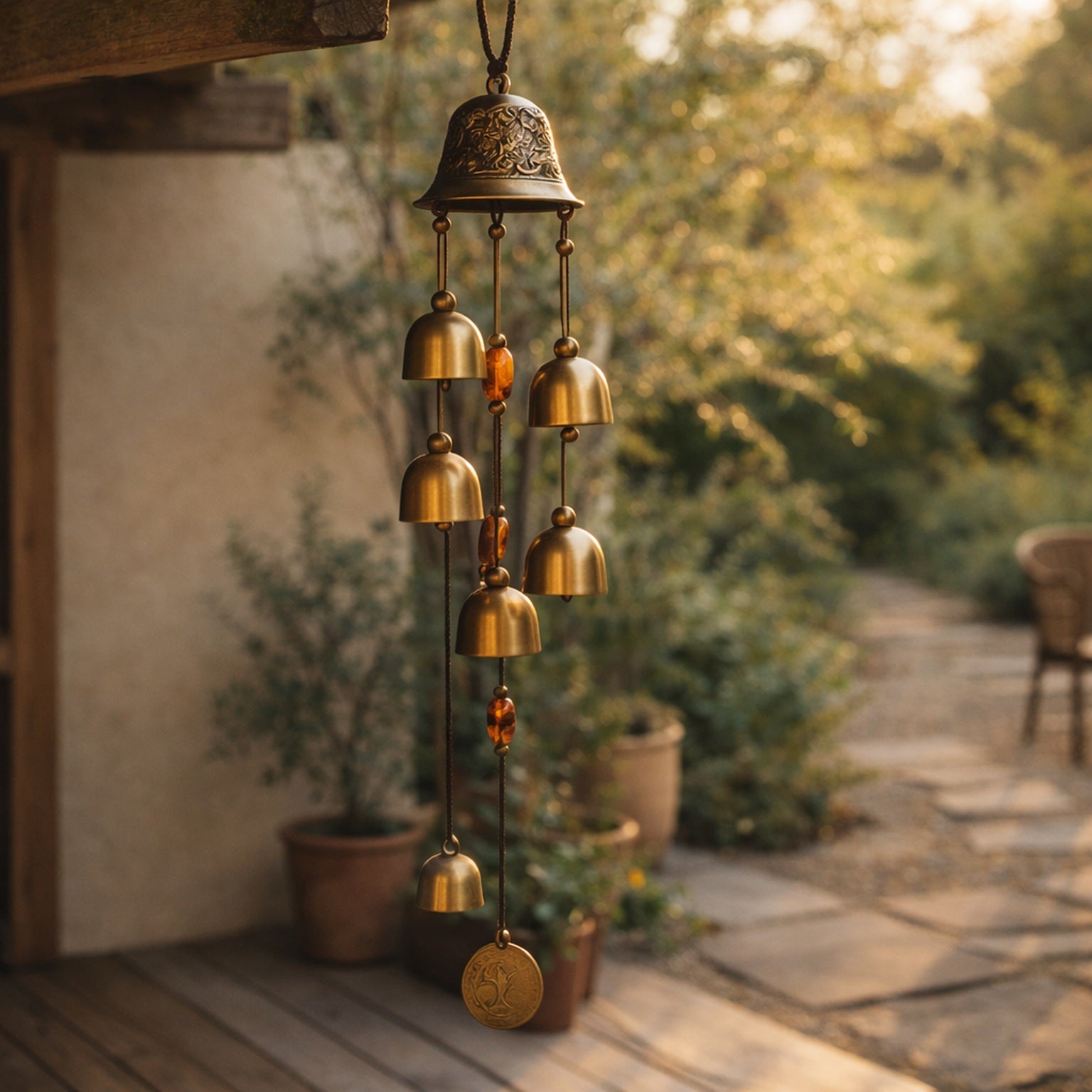 Toll™ wind chime hung from a teak pergola beam on a terrace at golden hour, terracotta pots and olive foliage behind