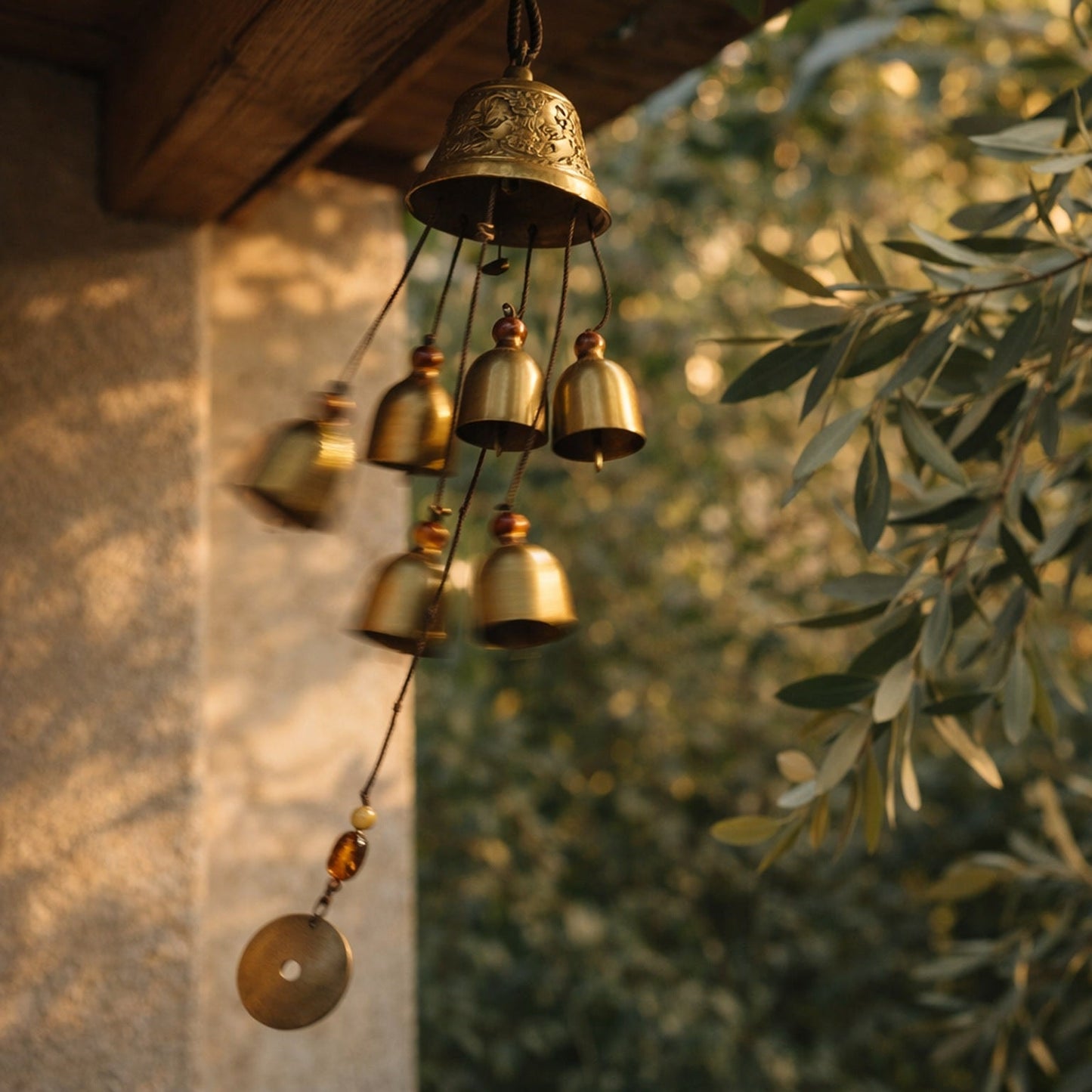 Toll™ wind chime swinging in a breeze under a timber eave beside an olive branch, bells blurred with movement