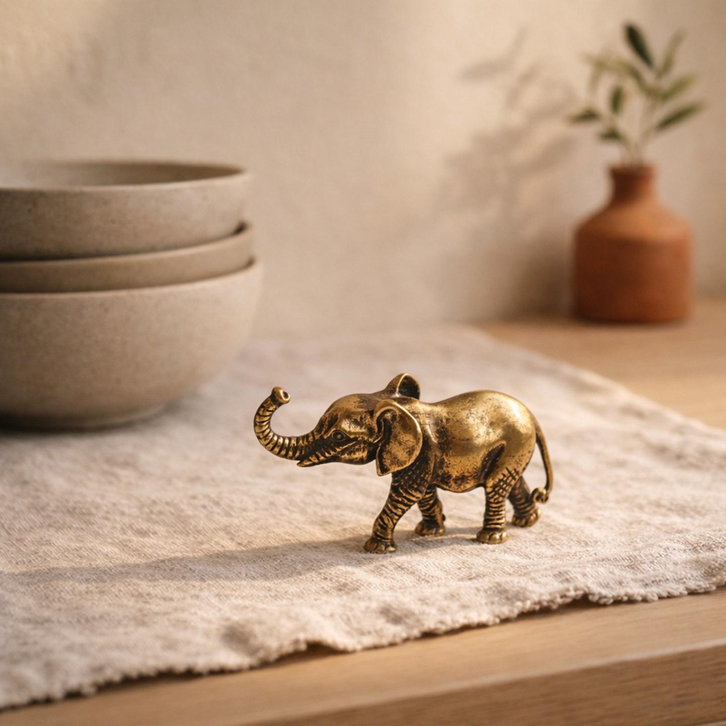 Small brass elephant on a linen runner beside stacked stoneware bowls in a warm Japandi kitchen
