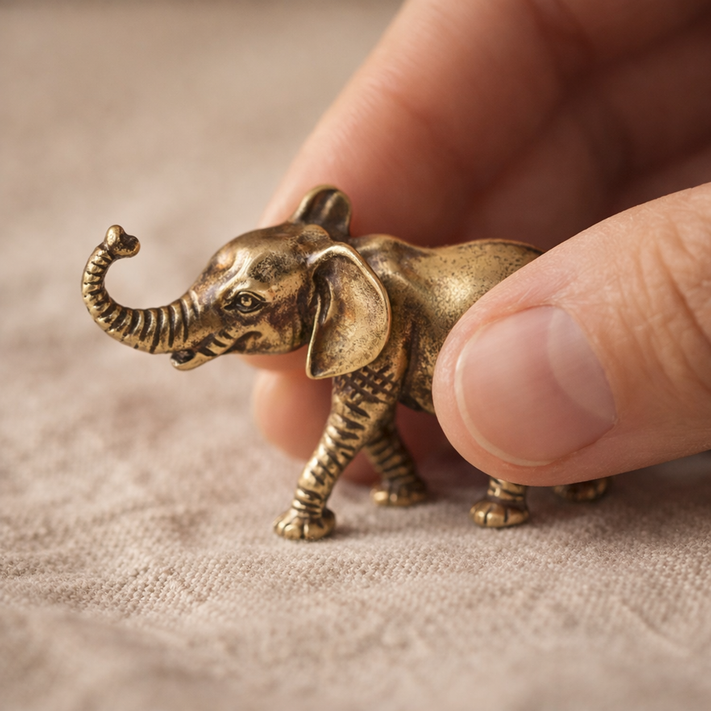Brass elephant held between finger and thumb showing its 54 mm size