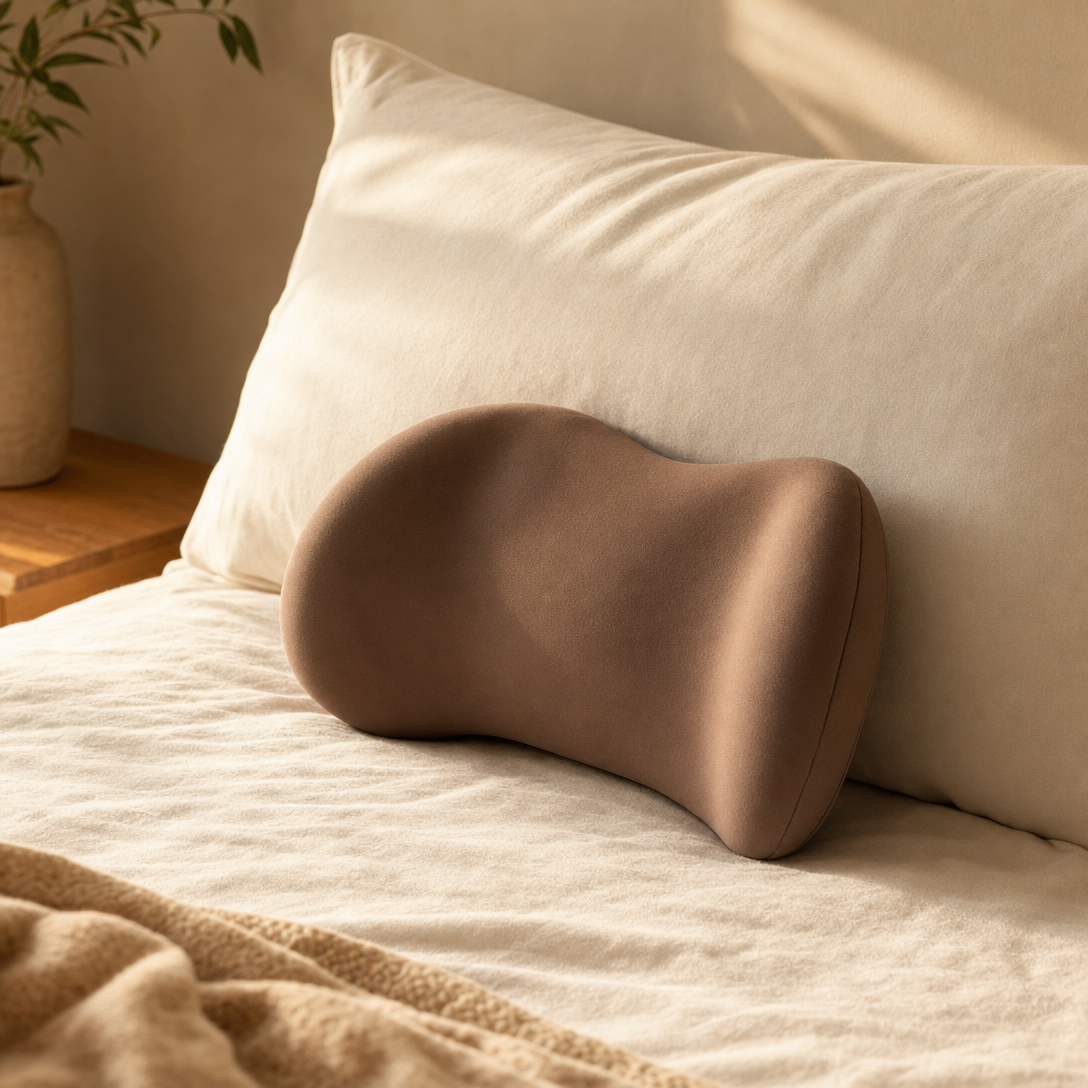Calm Eden Arch lumbar pillow beside a standard pillow showing its compact low profile