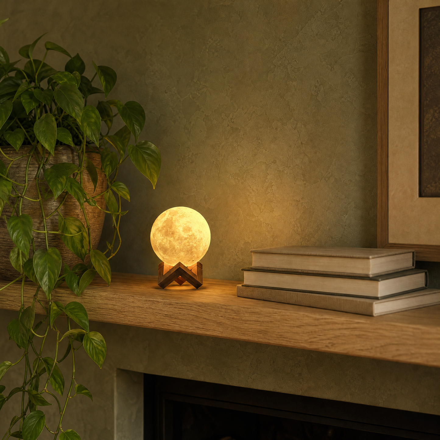 Luna moon lamp on oak shelf beside books in Japandi living room