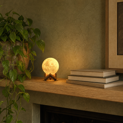 Luna moon lamp on oak shelf beside books in Japandi living room