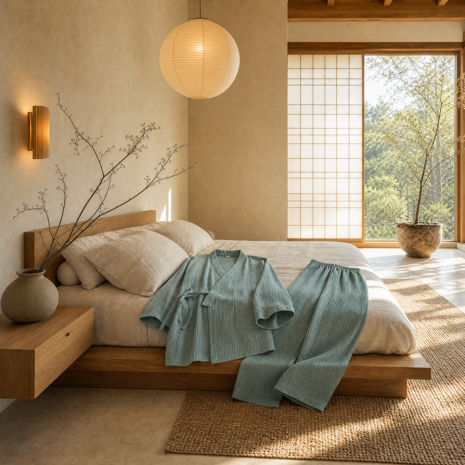 Sage kimono pajama set laid out on an oak platform bed