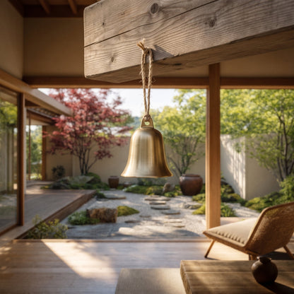 Vesper brass bell hanging on jute cord from a timber eave beam above a raked gravel courtyard