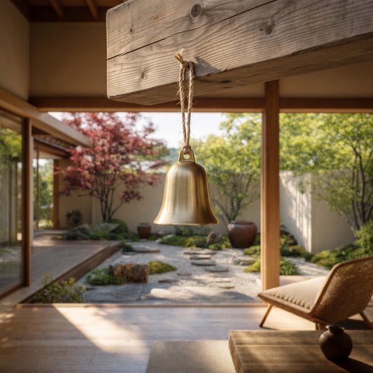 Vesper brass bell hanging on jute cord from a timber eave beam above a raked gravel courtyard