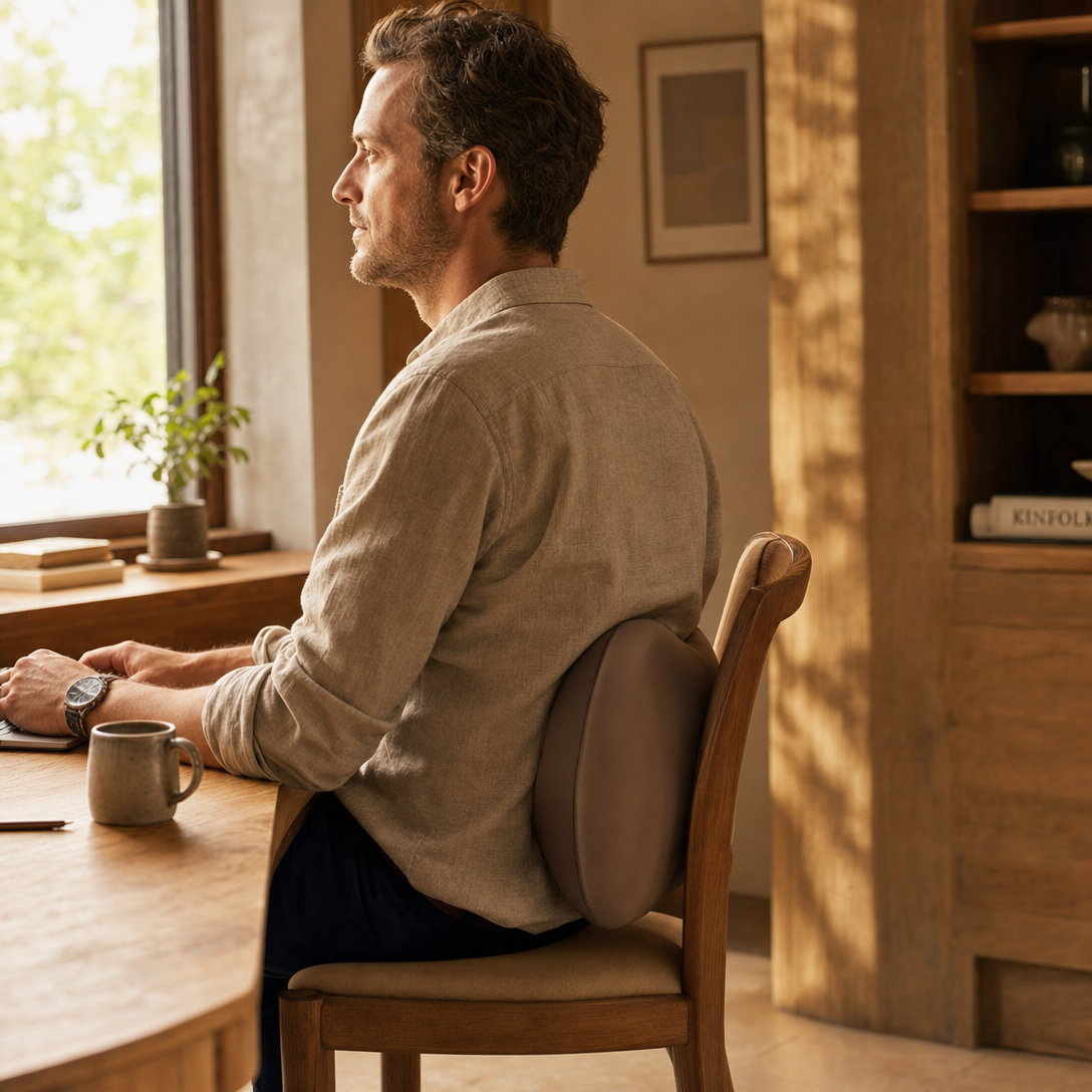 Man working at a desk with the Calm Eden Arch supporting his lower back